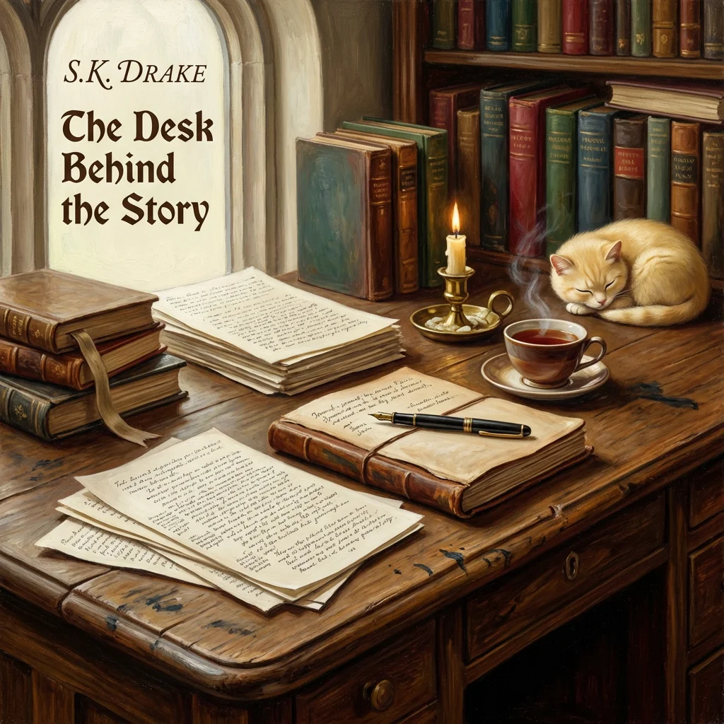 A writing desk with scattered manuscript pages, a leather journal, a candle, a cup of tea, and a small sleeping cream-colored creature in the corner