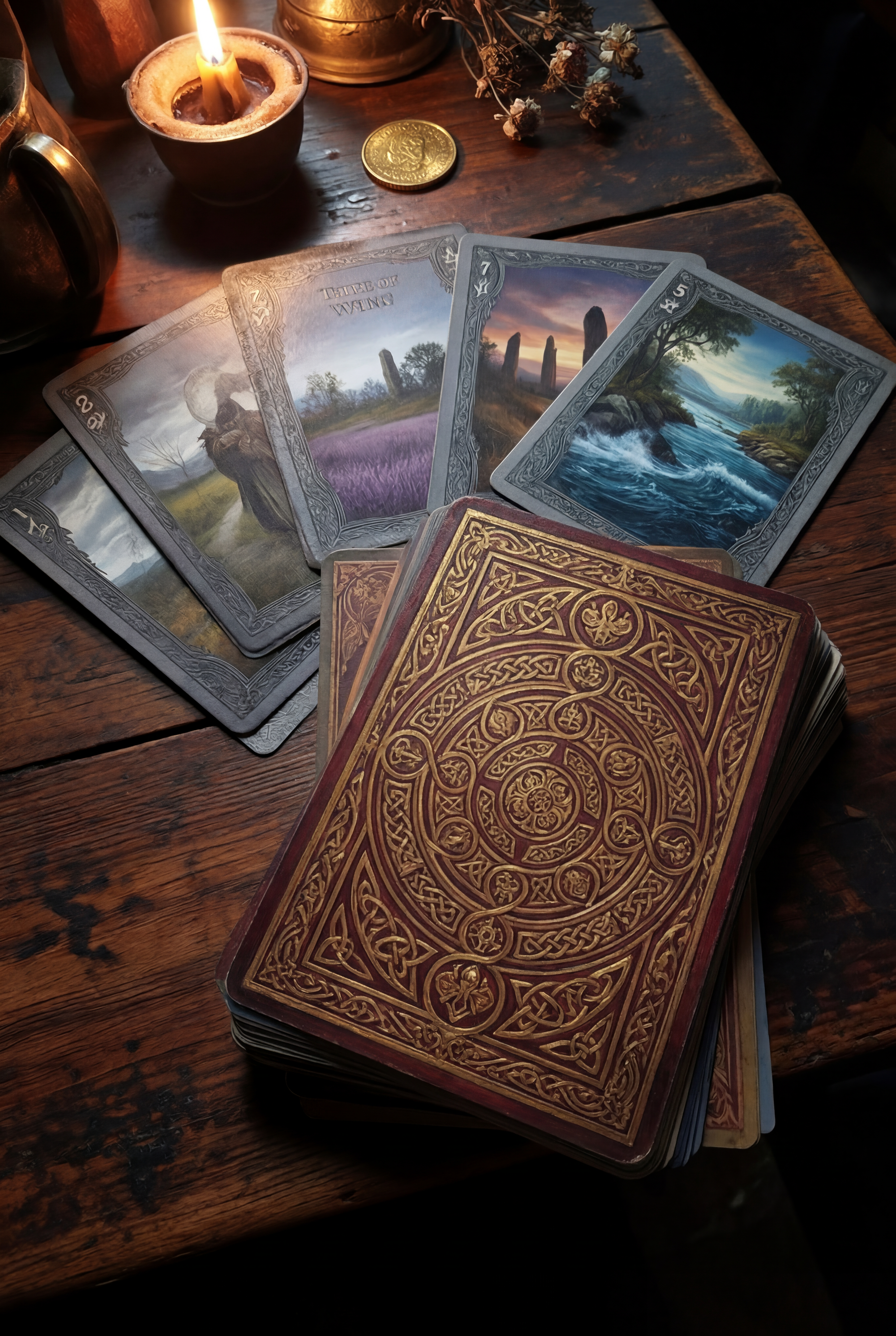 Sovereign's Draw card deck on a candlelit tavern table — four face-up cards showing Wind, Stone, Tide, and Flame suits fanned above the deck, with the ornate burgundy-gold card back visible